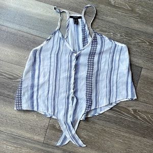 FOREVER21 blue and white sleeveless top with knot tie on bottom, size medium